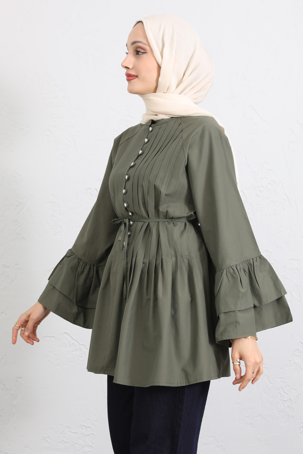 Volan Kollu Nervürlü Tunik Y0104 - HAKİ |  