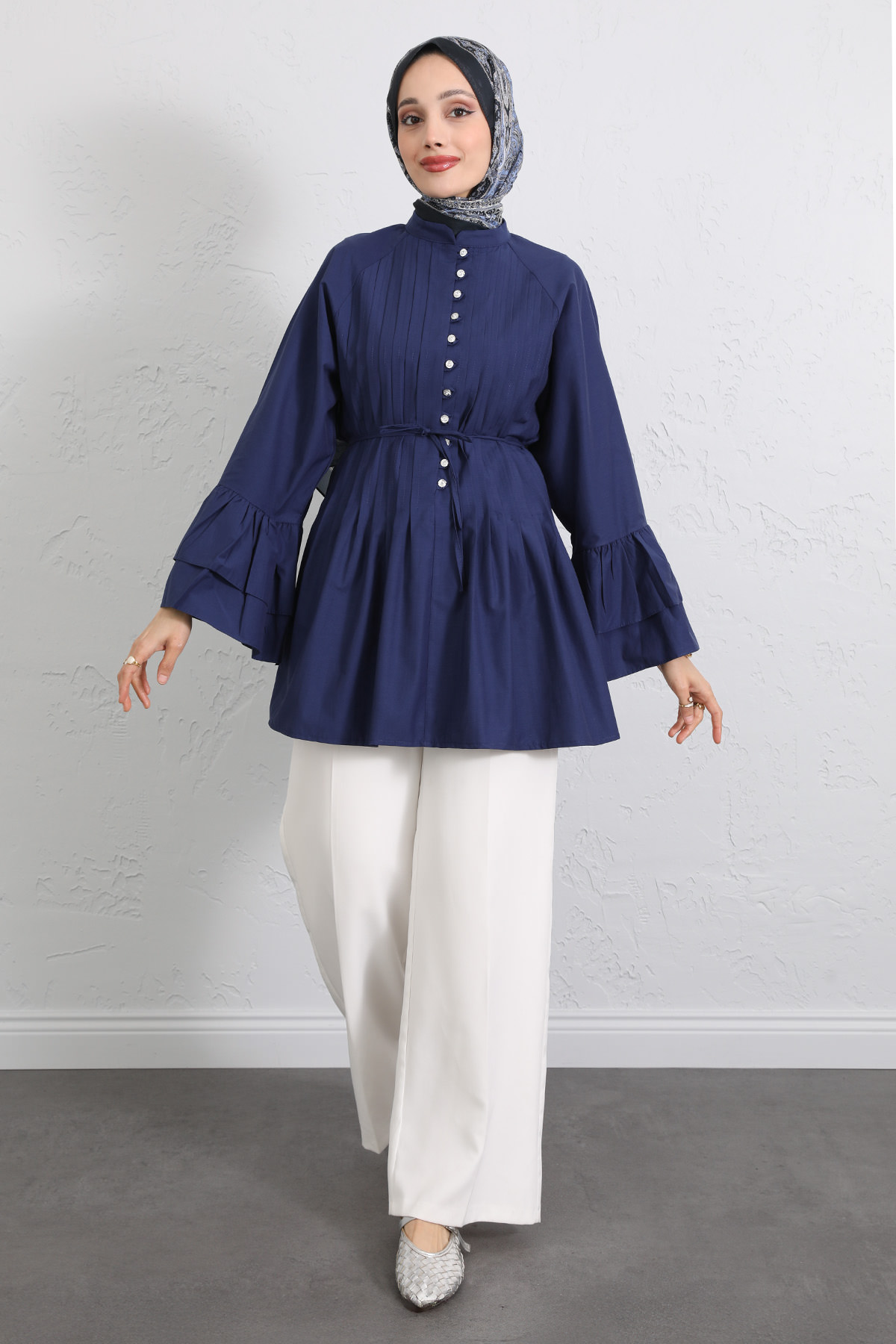 Volan Kollu Nervürlü Tunik Y0104 - İNDİGO |  