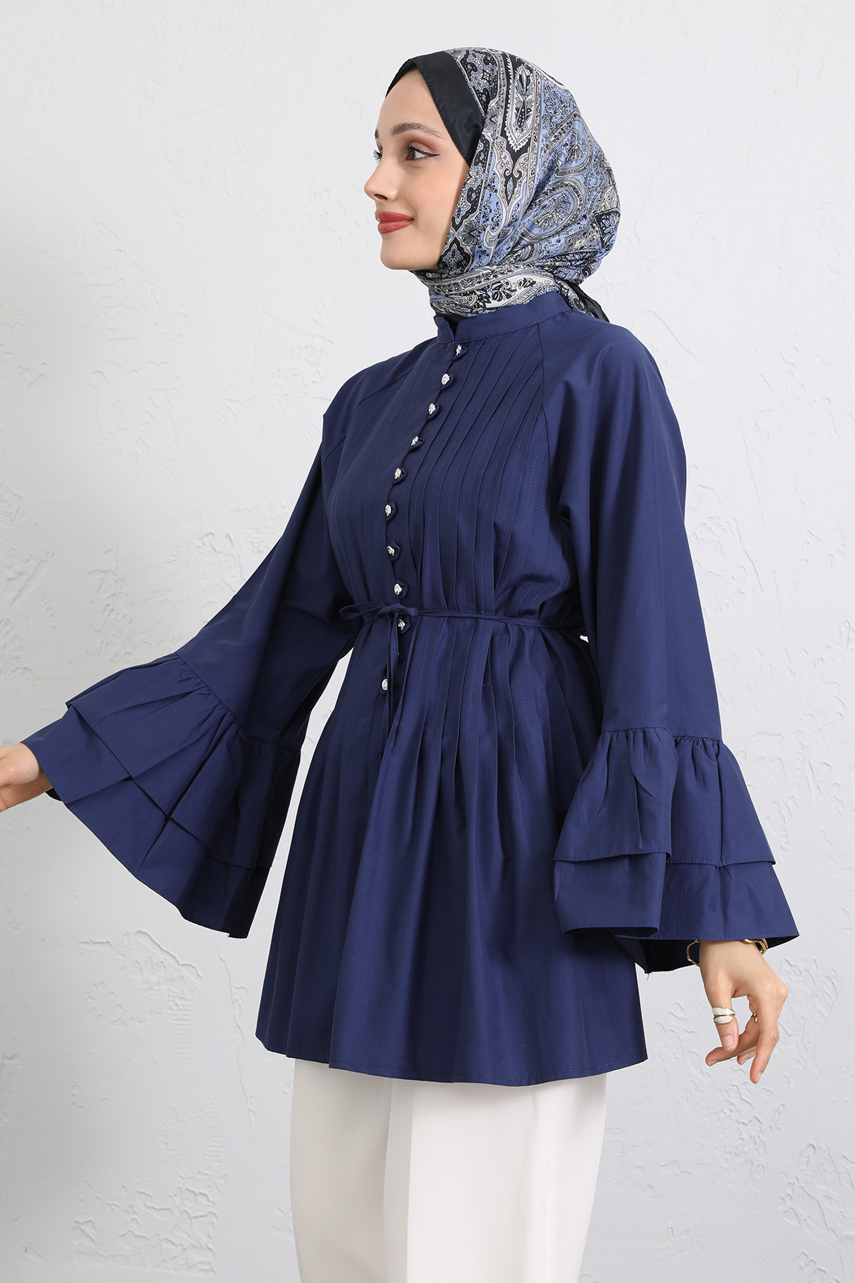 Volan Kollu Nervürlü Tunik Y0104 - İNDİGO |  