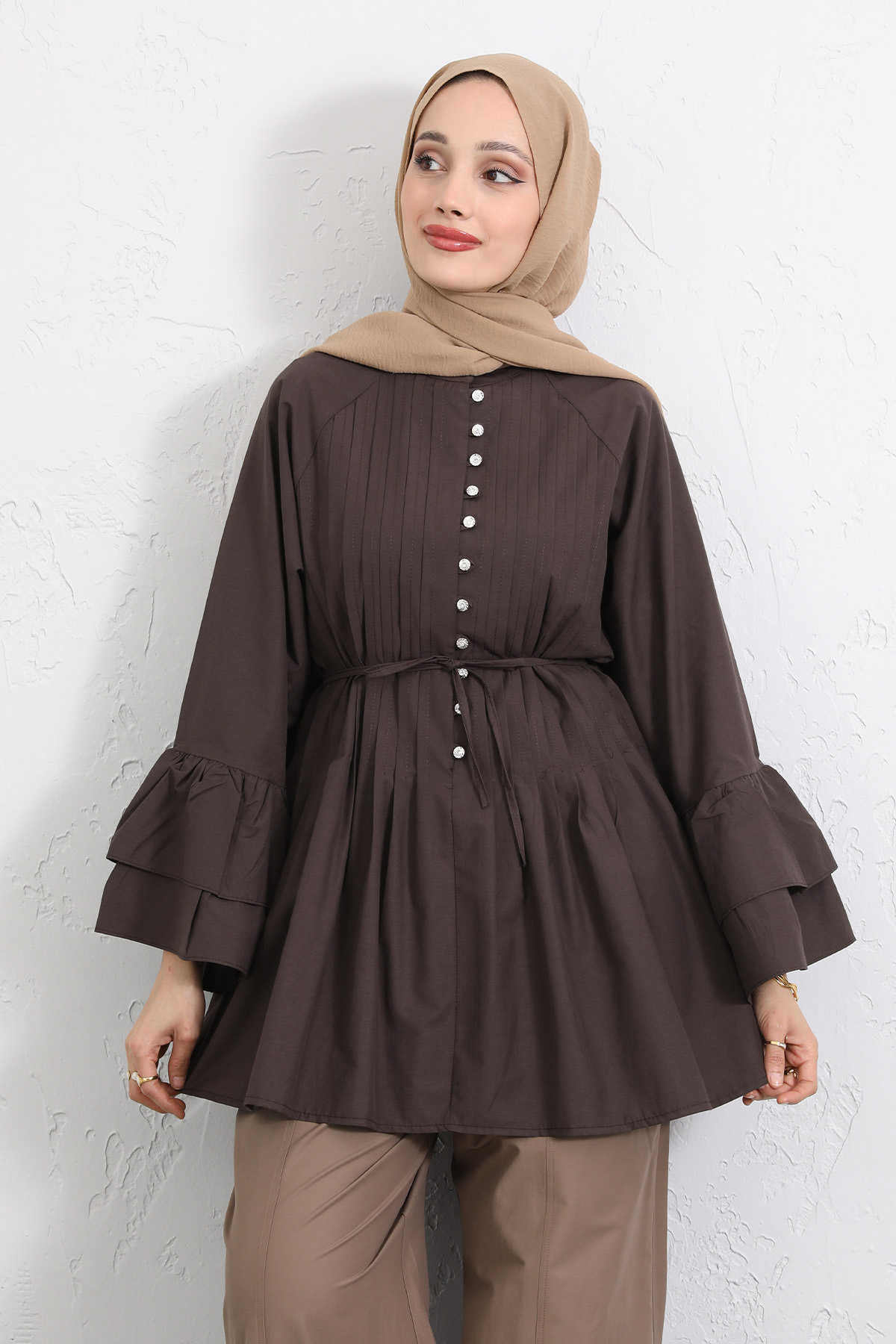 Volan Kollu Nervürlü Tunik Y0104 - KAHVERENGİ |  