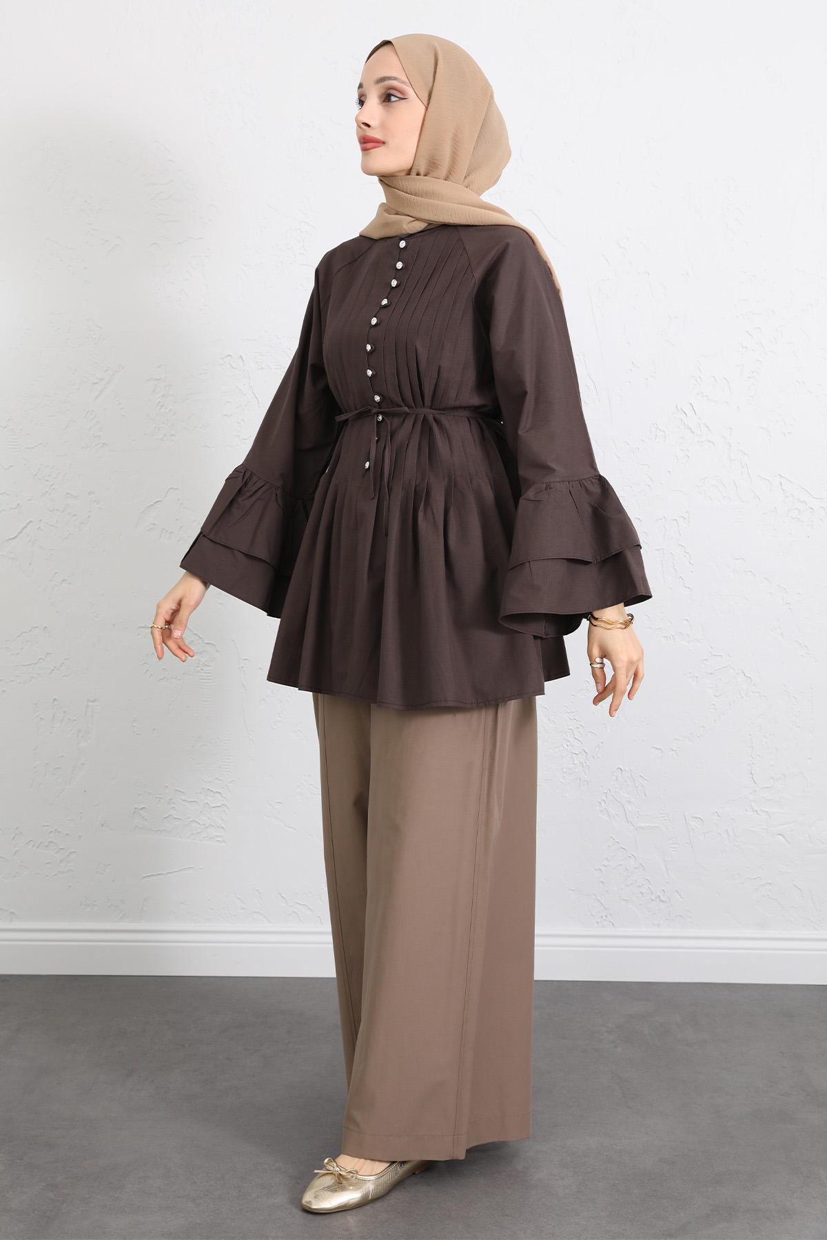 Volan Kollu Nervürlü Tunik Y0104 - KAHVERENGİ |  