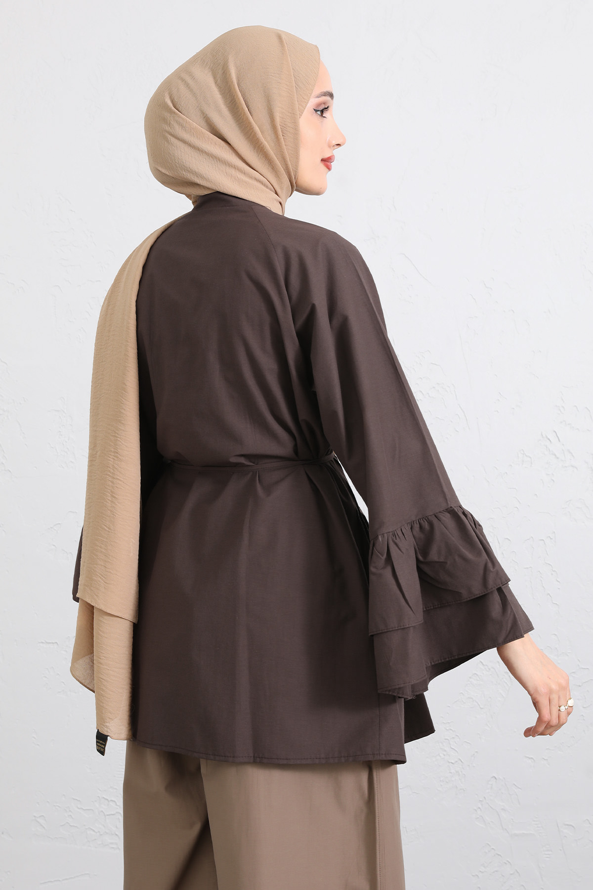 Volan Kollu Nervürlü Tunik Y0104 - KAHVERENGİ |  