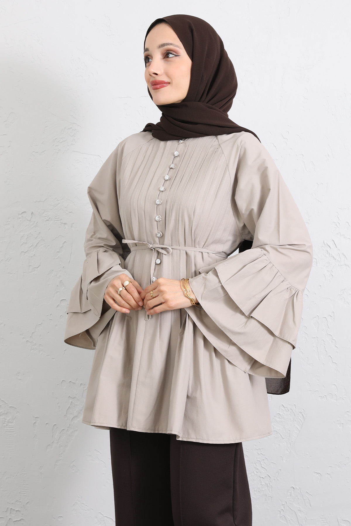 Volan Kollu Nervürlü Tunik Y0104 - TAŞ RENGİ |  