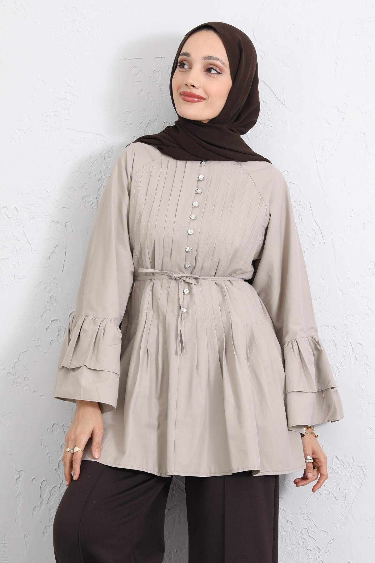 Volan Kollu Nervürlü Tunik Y0104 - TAŞ RENGİ |  