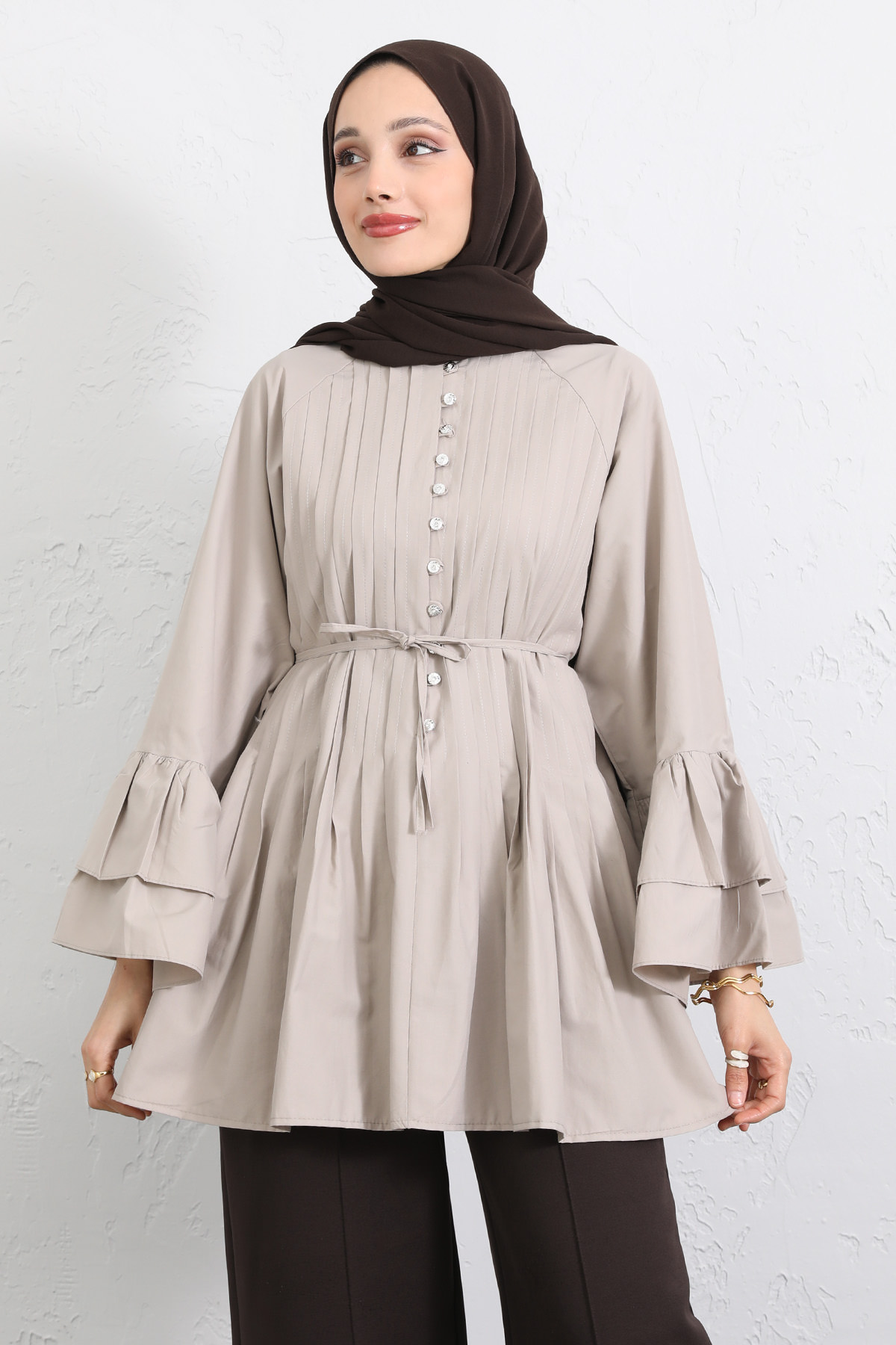 Volan Kollu Nervürlü Tunik Y0104 - TAŞ RENGİ |  