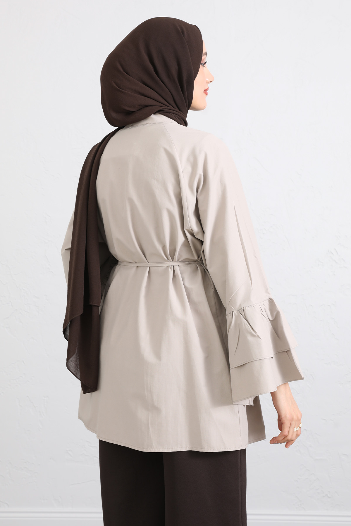 Volan Kollu Nervürlü Tunik Y0104 - TAŞ RENGİ |  