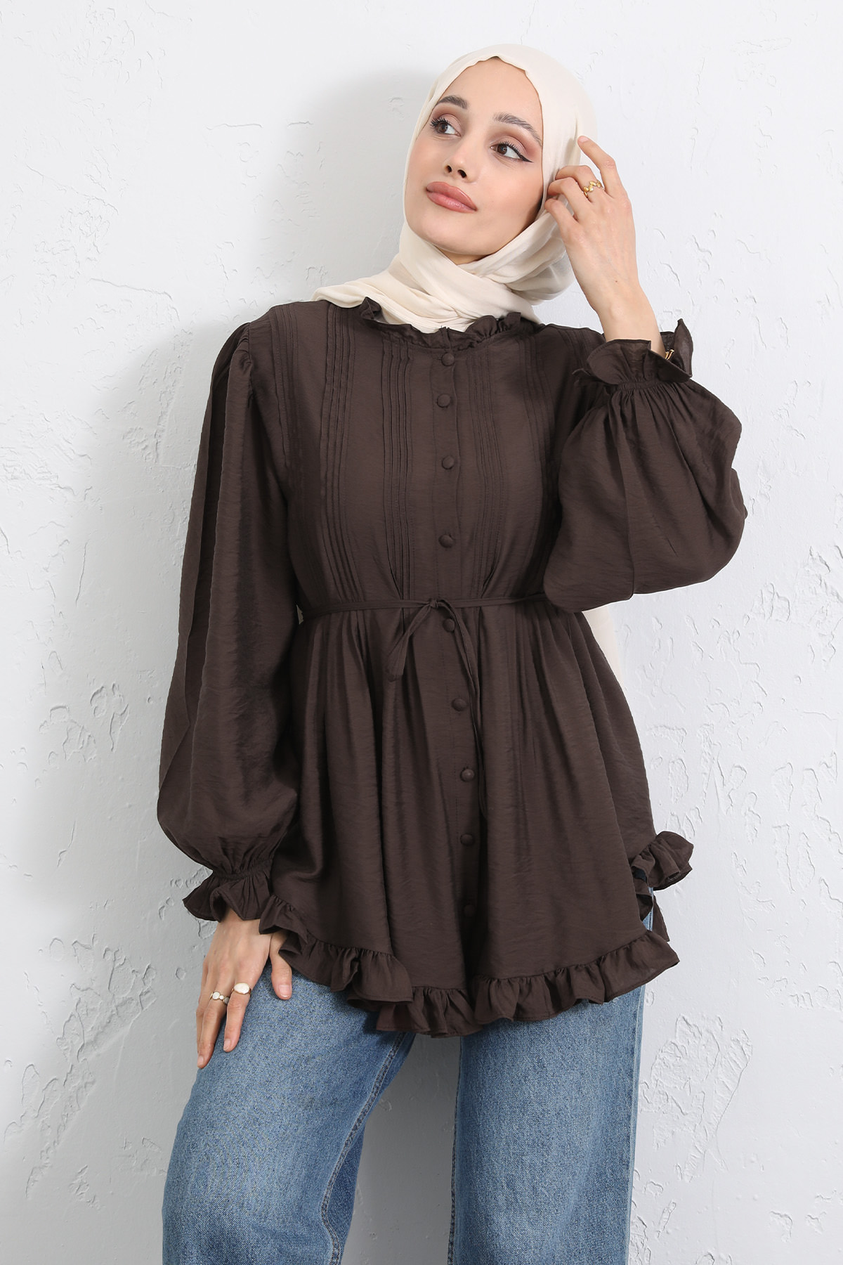 Yaka Nervürlü Gömlek Y0109 - KAHVERENGİ |  