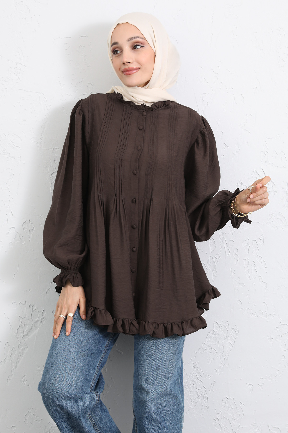 Yaka Nervürlü Gömlek Y0109 - KAHVERENGİ |  