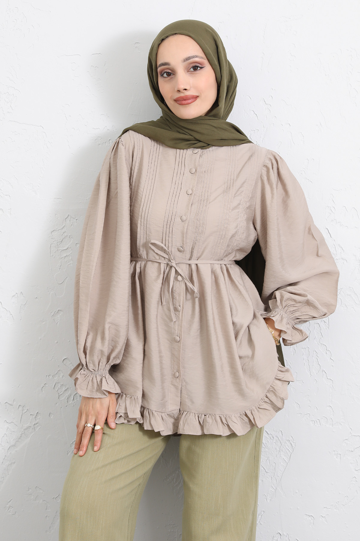 Yaka Nervürlü Gömlek Y0109 - TAŞ RENGİ |  