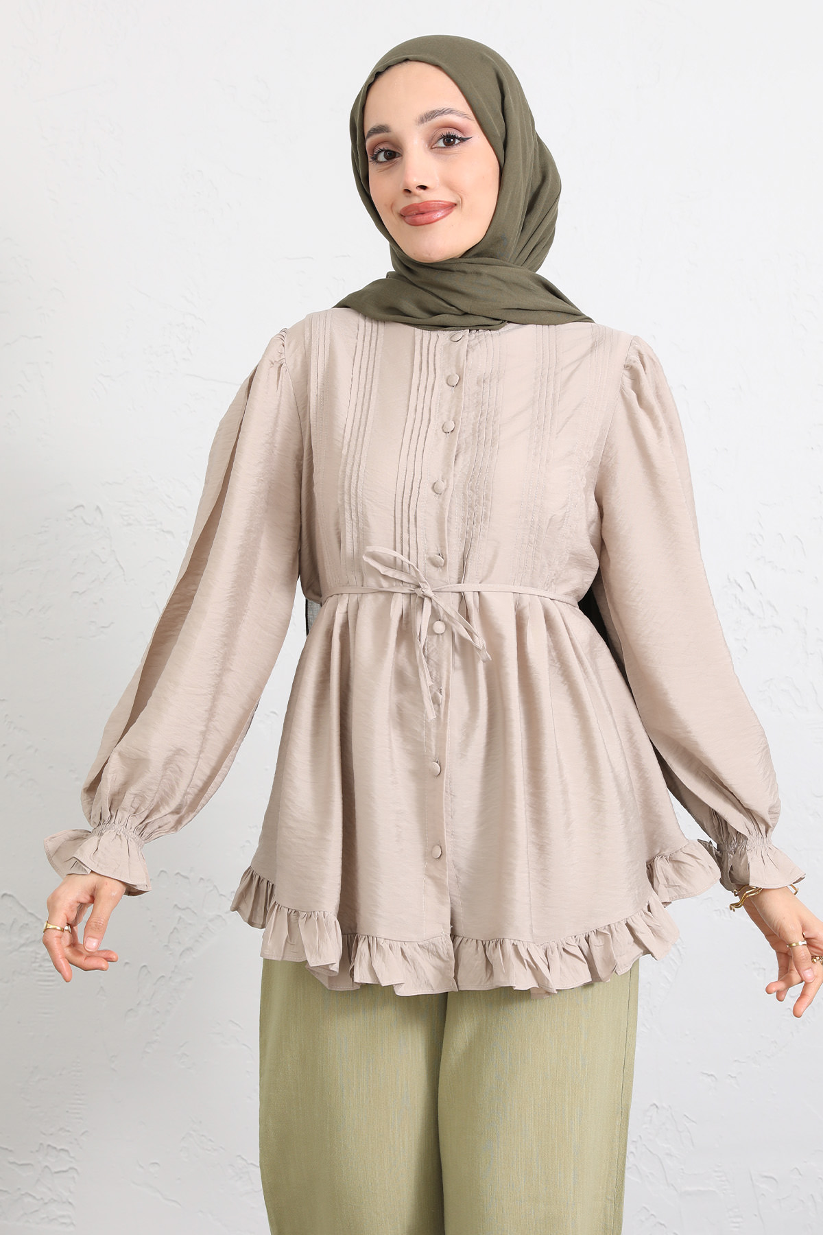 Yaka Nervürlü Gömlek Y0109 - TAŞ RENGİ |  