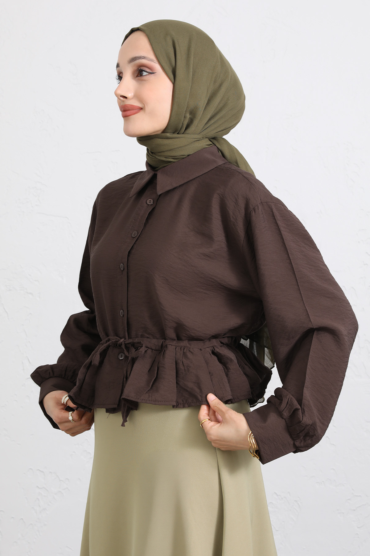 Belden Tünel Bağcıklı Gömlek Y0117 - KAHVERENGİ |  