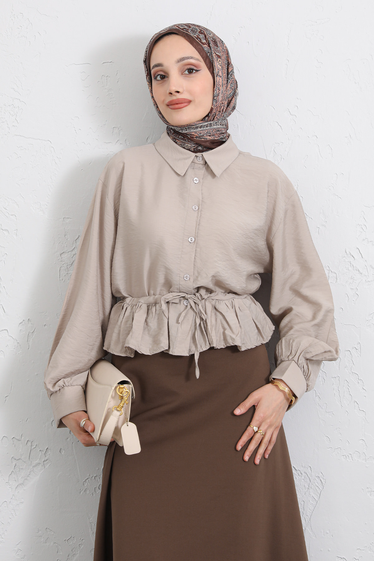 Belden Tünel Bağcıklı Gömlek Y0117 - TAŞ RENGİ |  