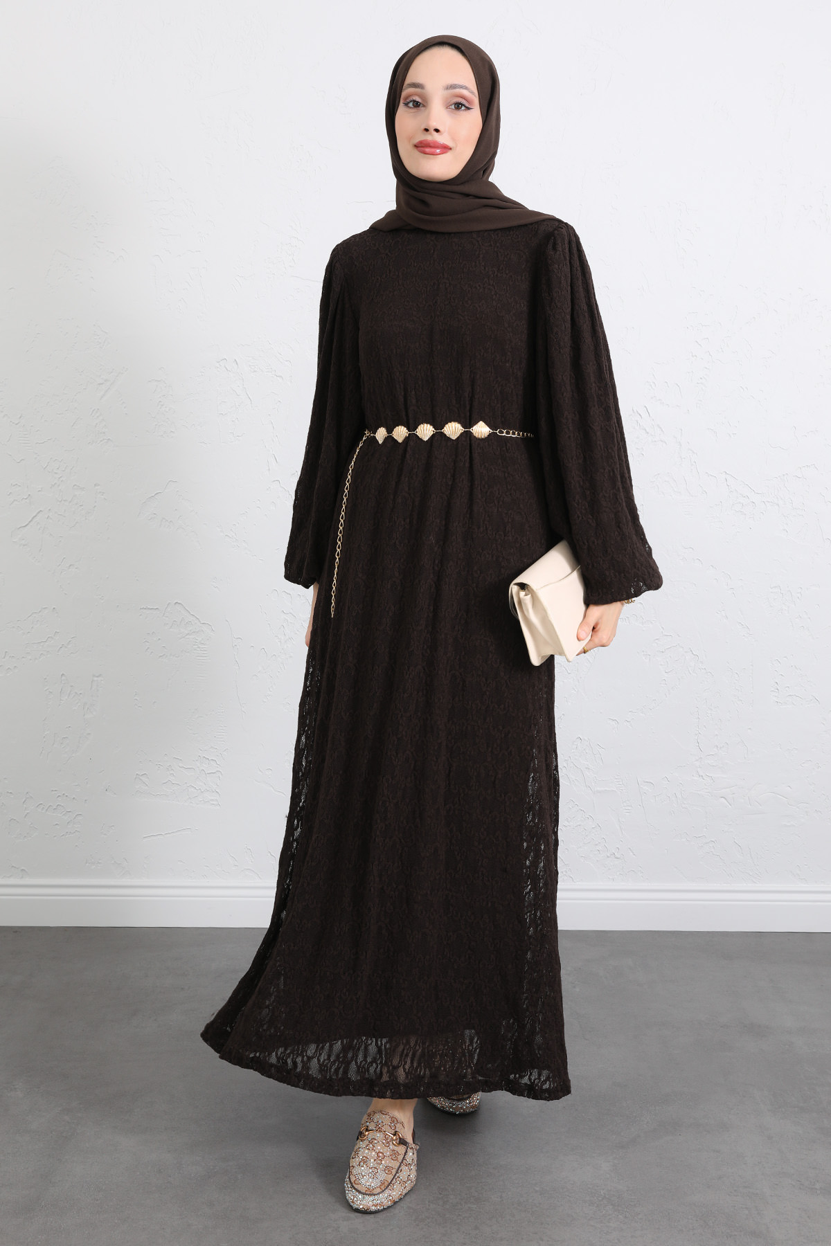 Dantelli Zincir Kemerli Elbise Y0118 - KOYU KAHVERENGİ |  