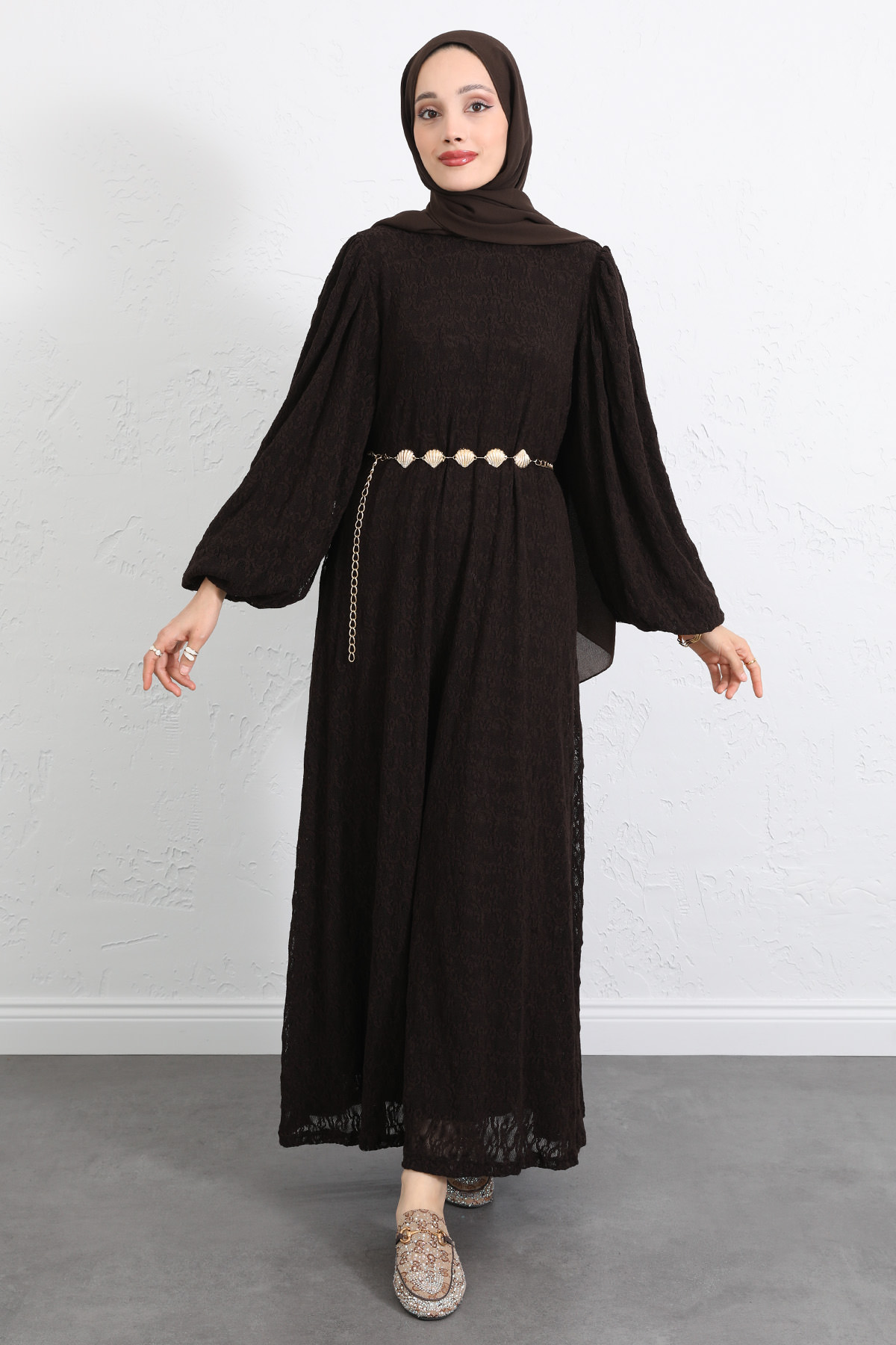 Dantelli Zincir Kemerli Elbise Y0118 - KOYU KAHVERENGİ |  