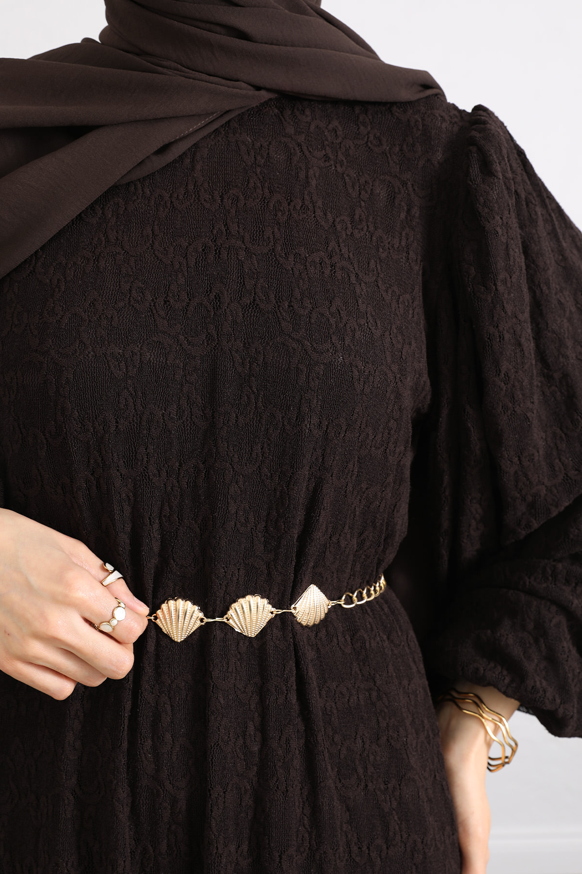 Dantelli Zincir Kemerli Elbise Y0118 - KOYU KAHVERENGİ |  