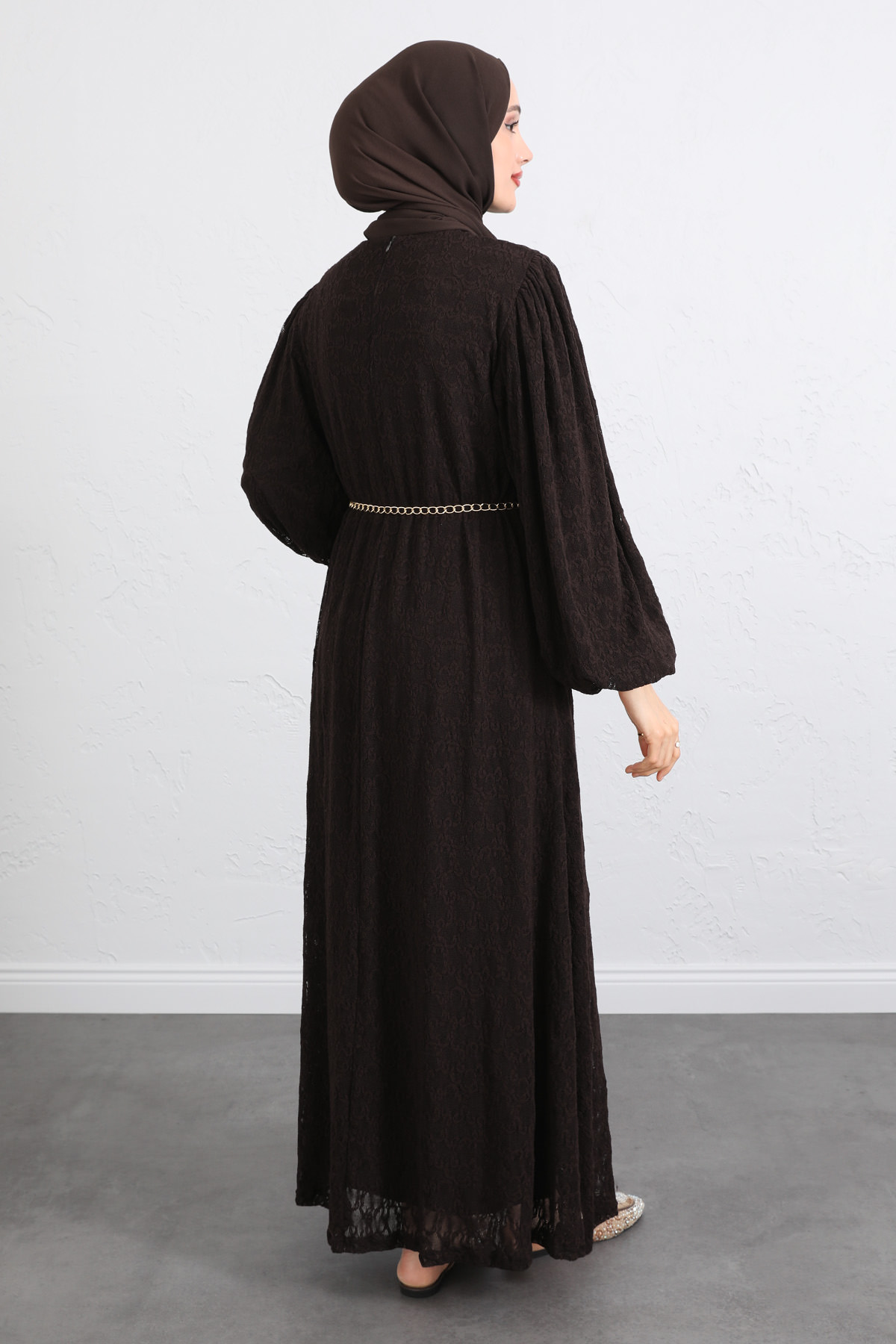 Dantelli Zincir Kemerli Elbise Y0118 - KOYU KAHVERENGİ |  