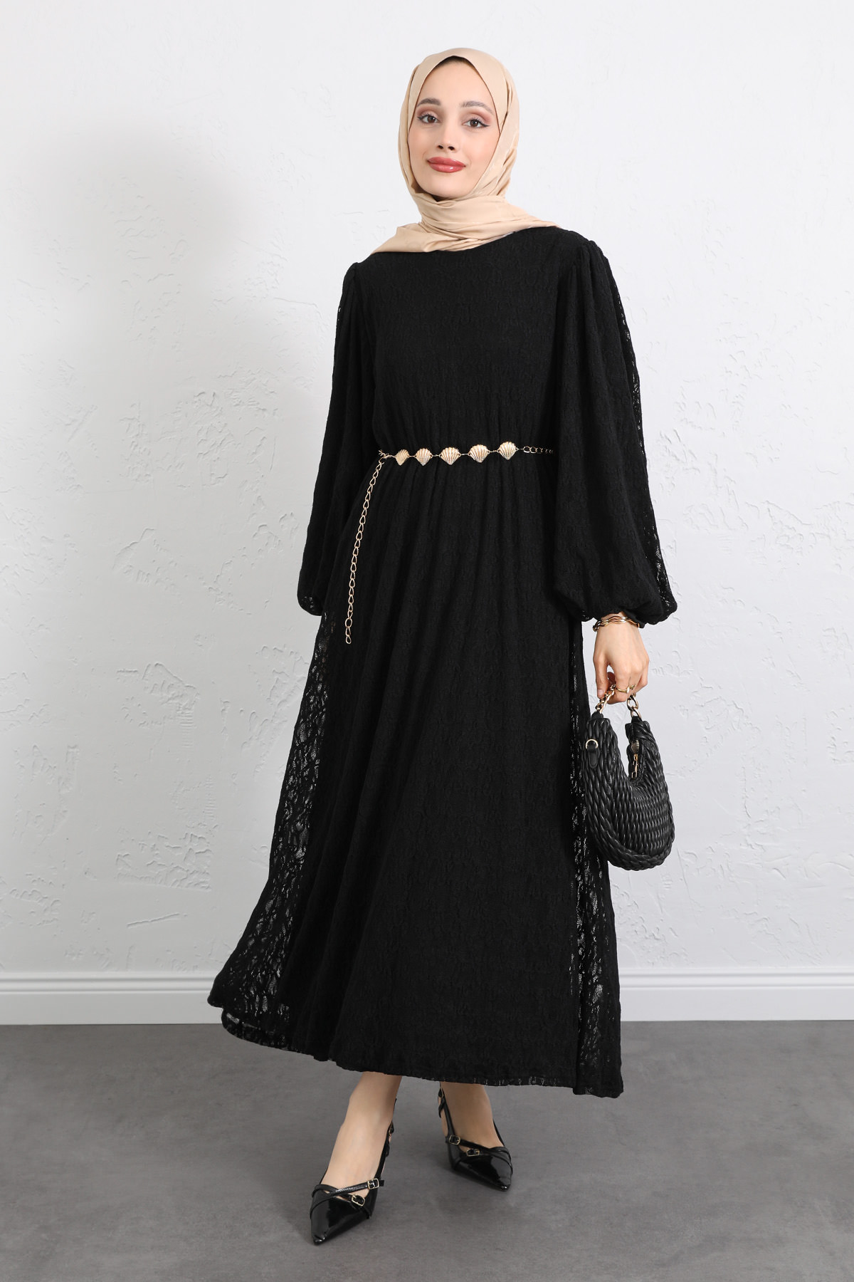 Dantelli Zincir Kemerli Elbise Y0118 - SİYAH |  
