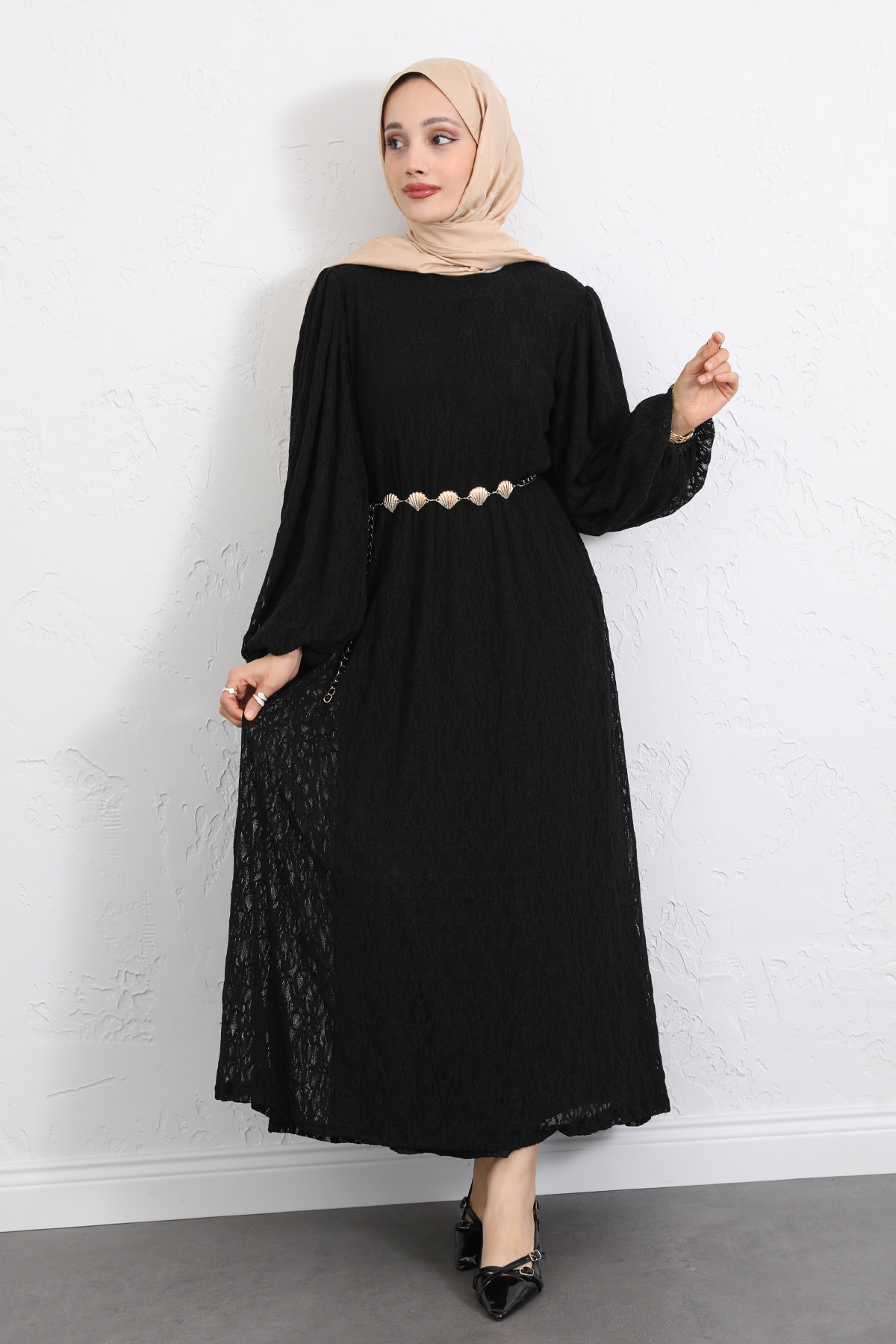 Dantelli Zincir Kemerli Elbise Y0118 - SİYAH |  