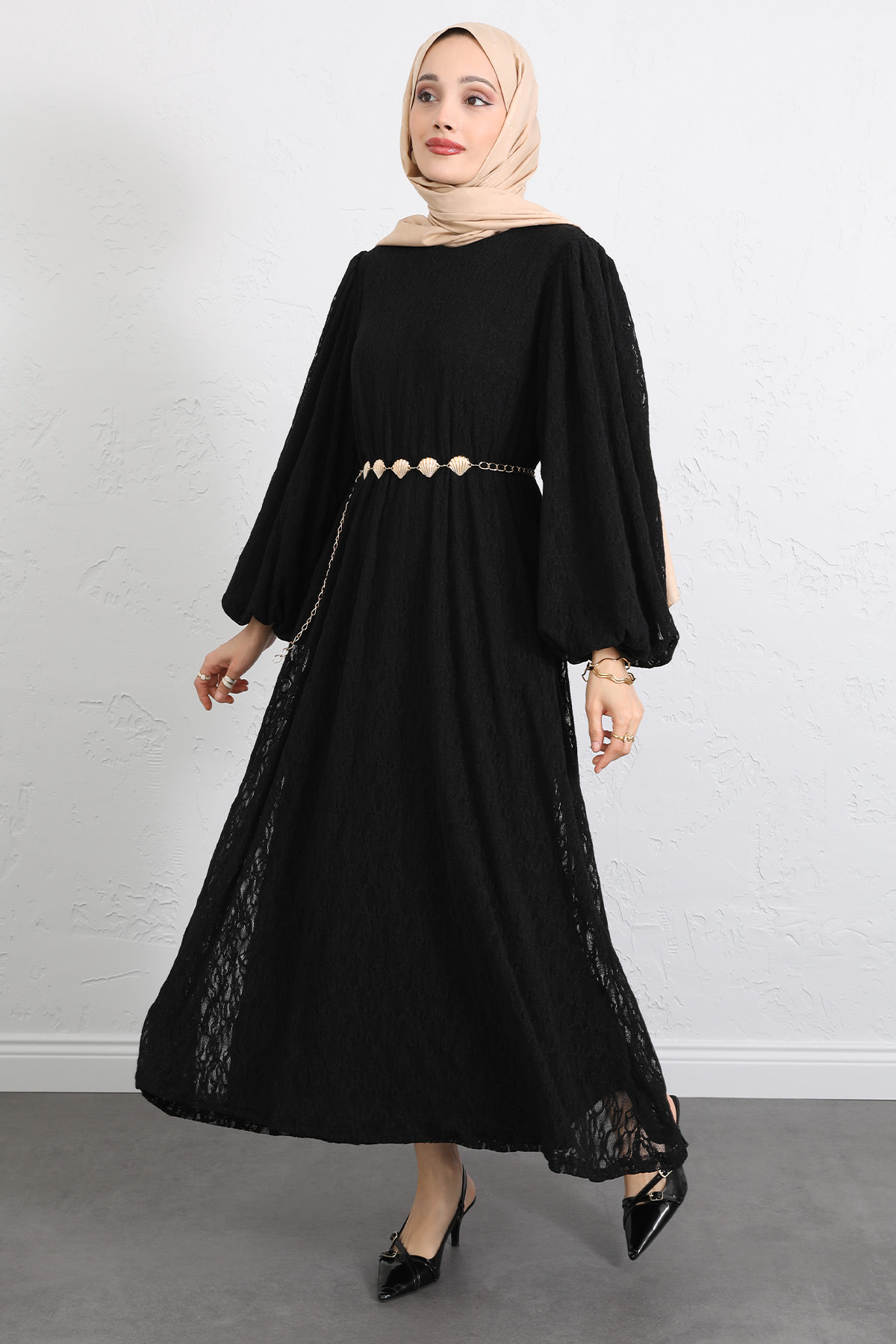 Dantelli Zincir Kemerli Elbise Y0118 - SİYAH |  