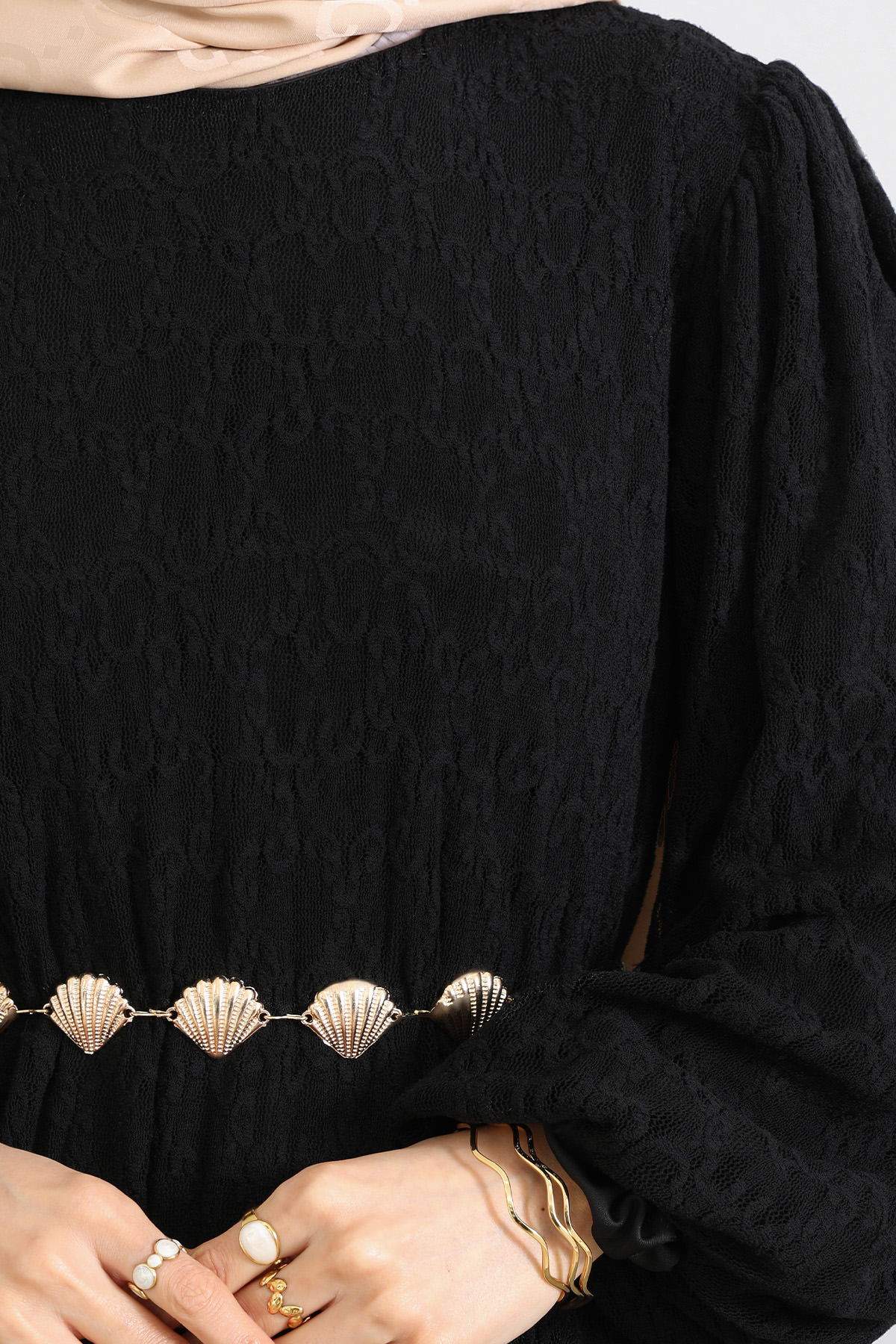 Dantelli Zincir Kemerli Elbise Y0118 - SİYAH |  