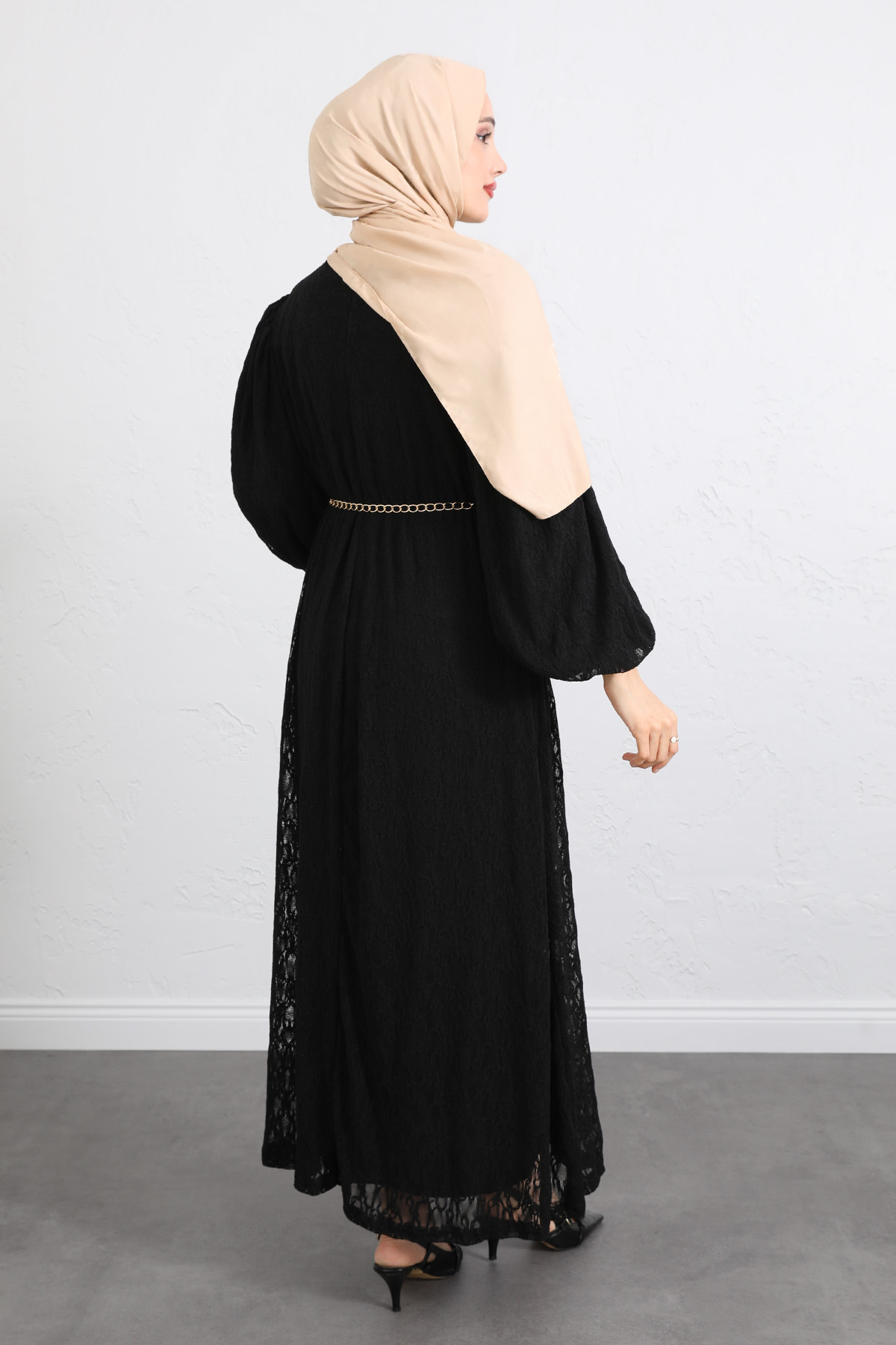 Dantelli Zincir Kemerli Elbise Y0118 - SİYAH |  