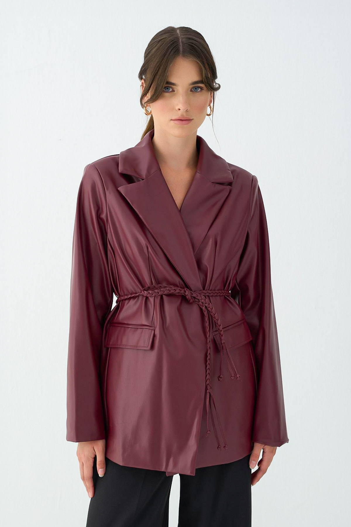 Örgü Kuşaklı Deri Ceket 51007 - BORDO |  