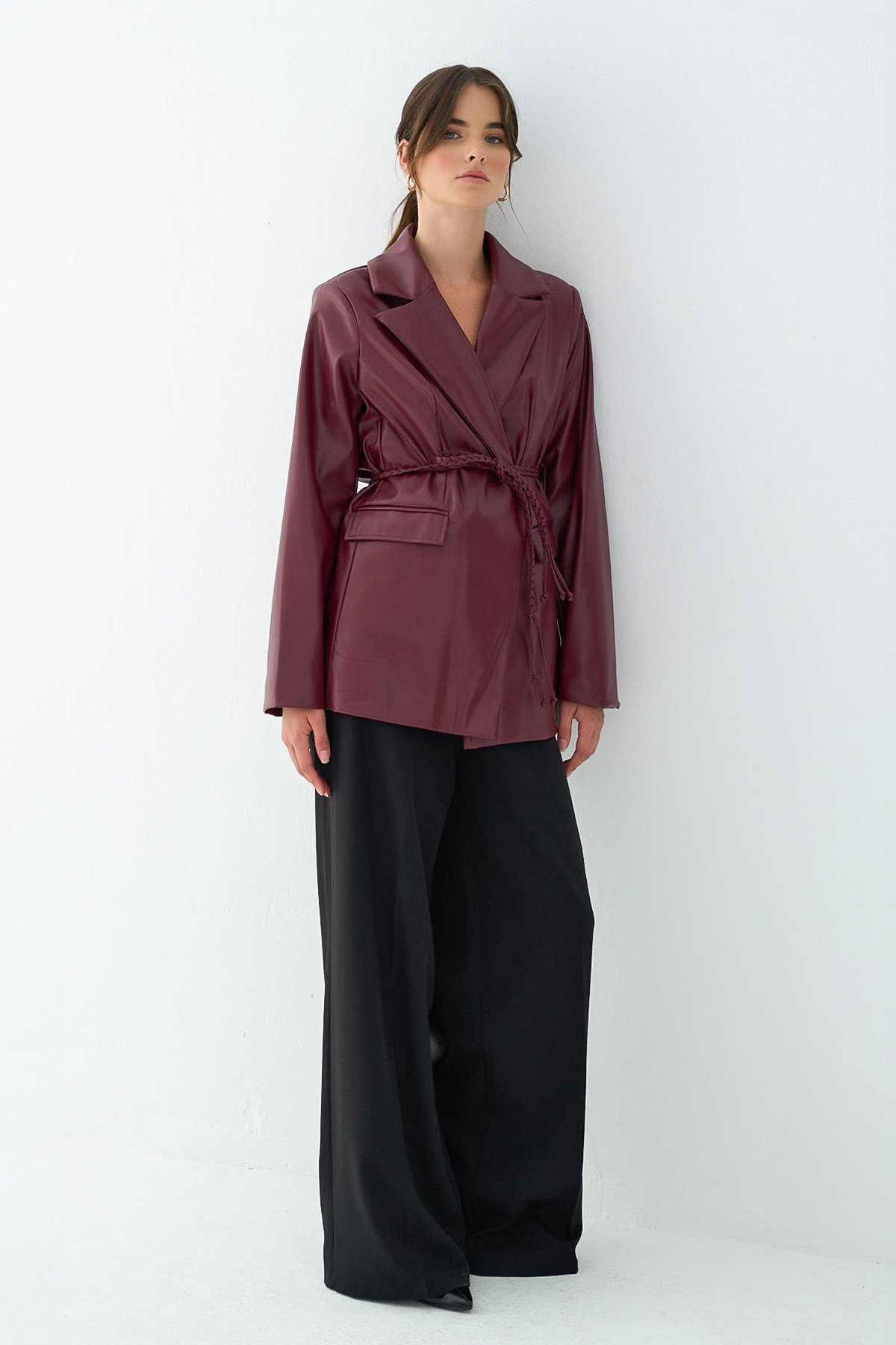 Örgü Kuşaklı Deri Ceket 51007 - BORDO |  