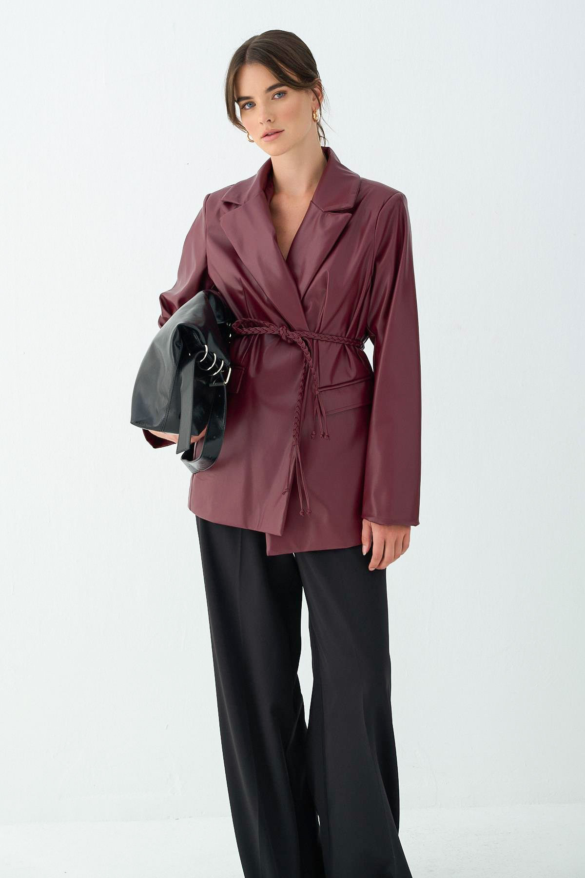 Örgü Kuşaklı Deri Ceket 51007 - BORDO |  