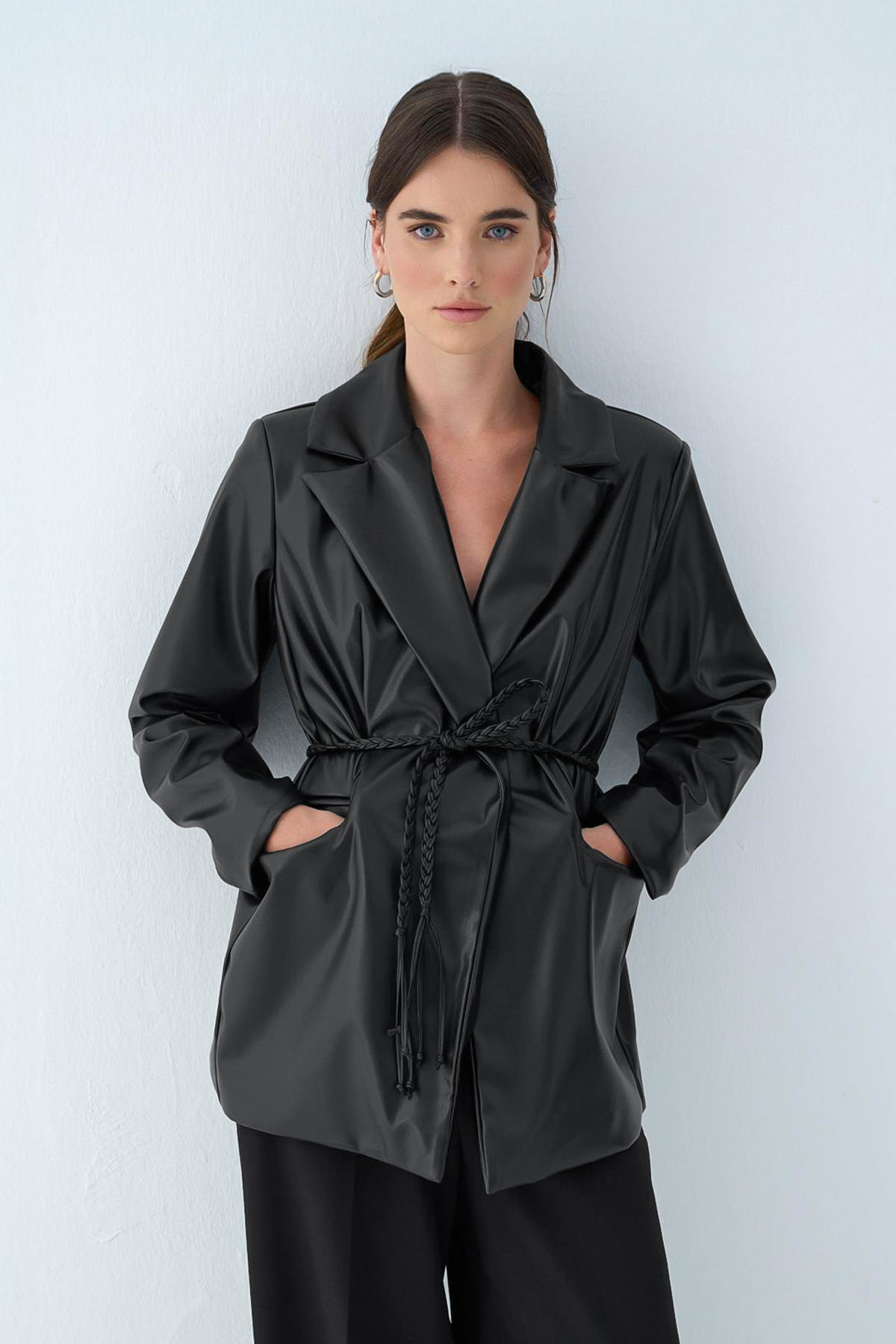 Örgü Kuşaklı Deri Ceket 51007 - SİYAH |  