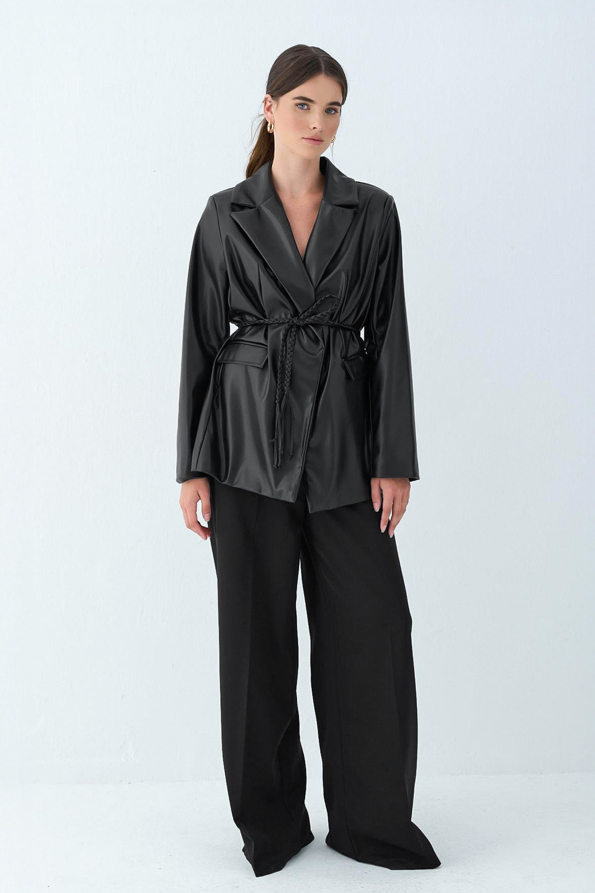 Örgü Kuşaklı Deri Ceket 51007 - SİYAH |  