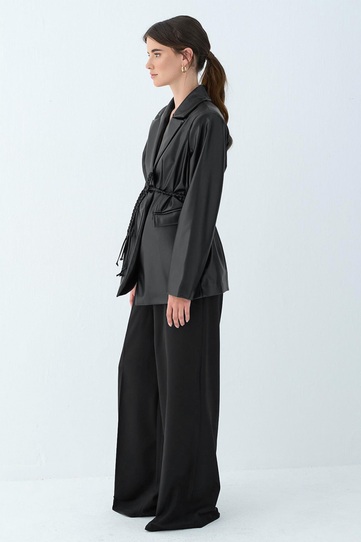 Örgü Kuşaklı Deri Ceket 51007 - SİYAH |  