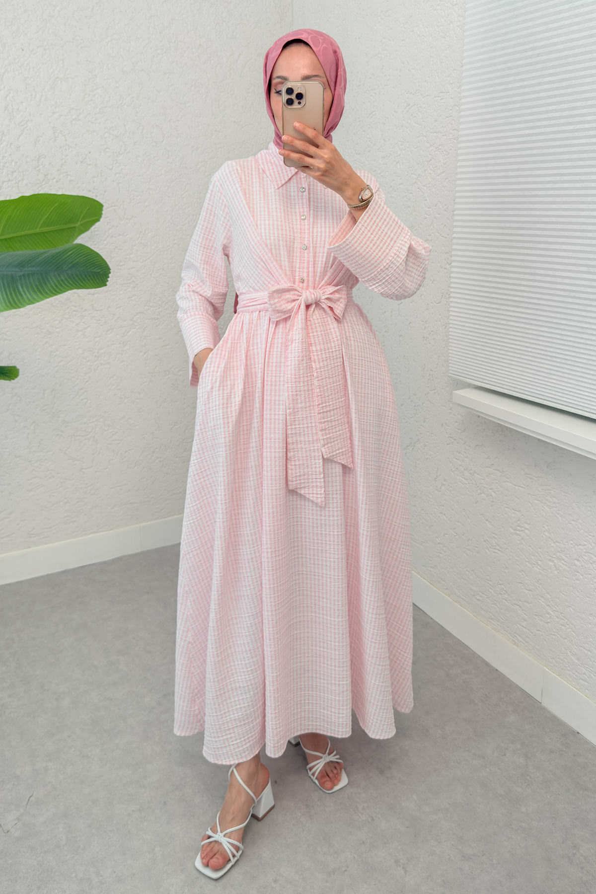 Önden Bağlamalı Tesettür Elbise 2302 - PEMBE |  