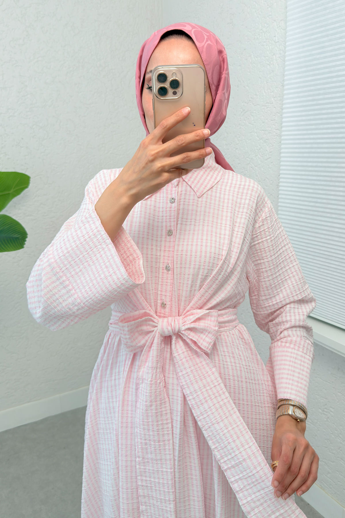 Önden Bağlamalı Tesettür Elbise 2302 - PEMBE |  