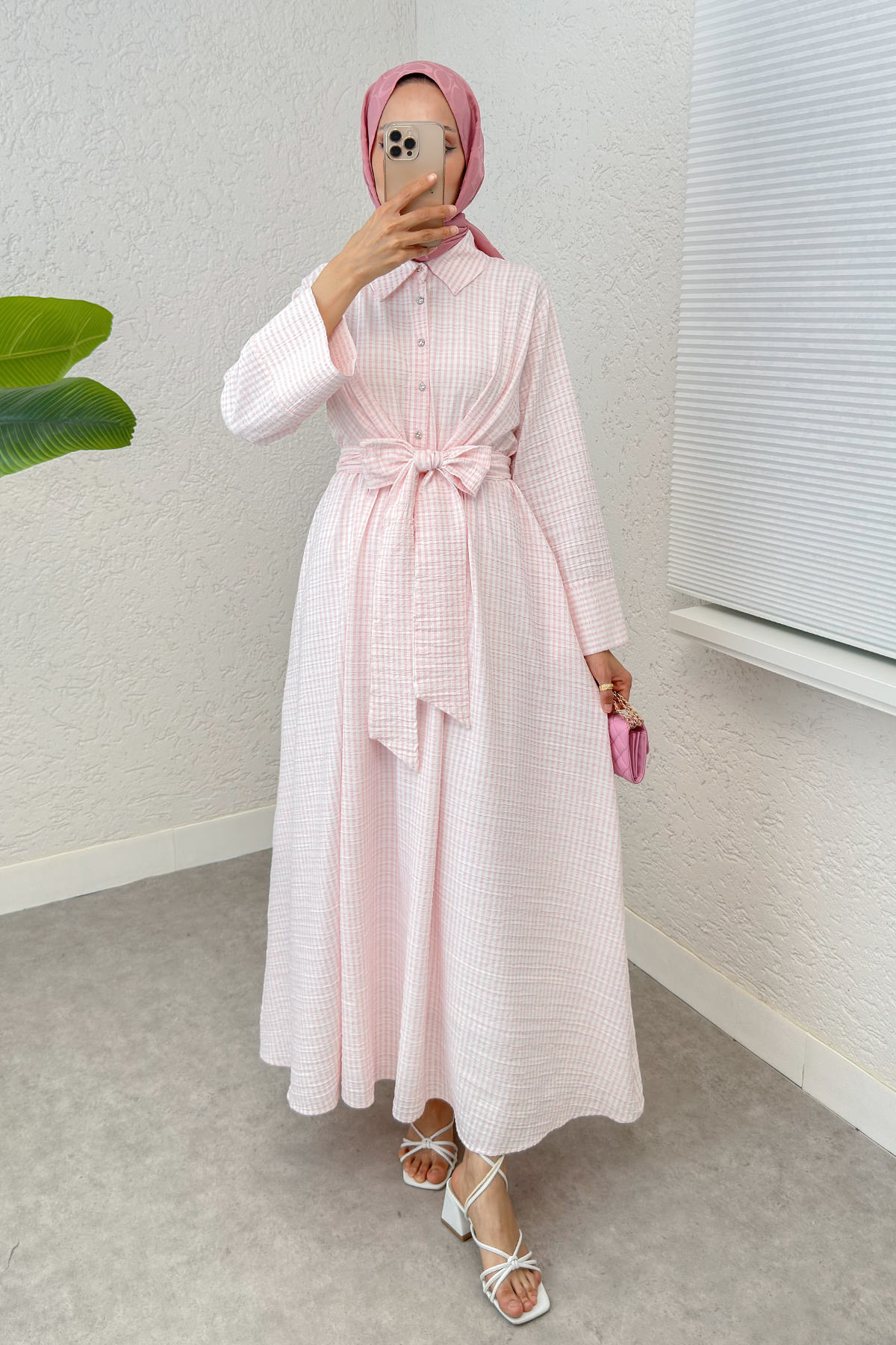 Önden Bağlamalı Tesettür Elbise 2302 - PEMBE |  