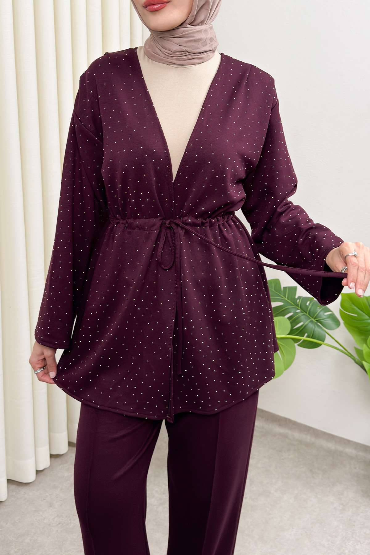 Taş Detaylı Bağcıklı Kimono Takım 51712 - BORDO |  
