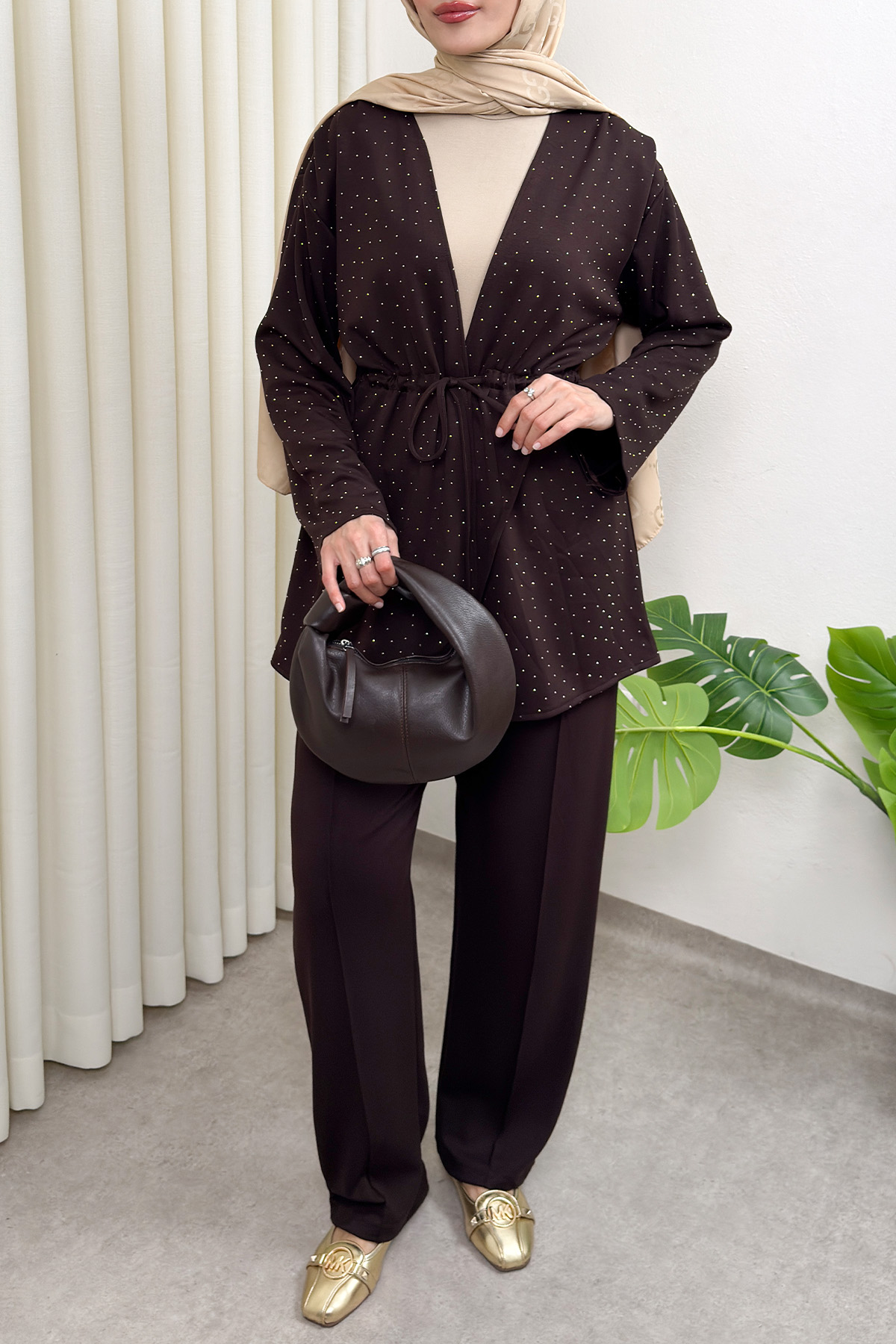 Taş Detaylı Bağcıklı Kimono Takım 51712 - KAHVERENGİ |  