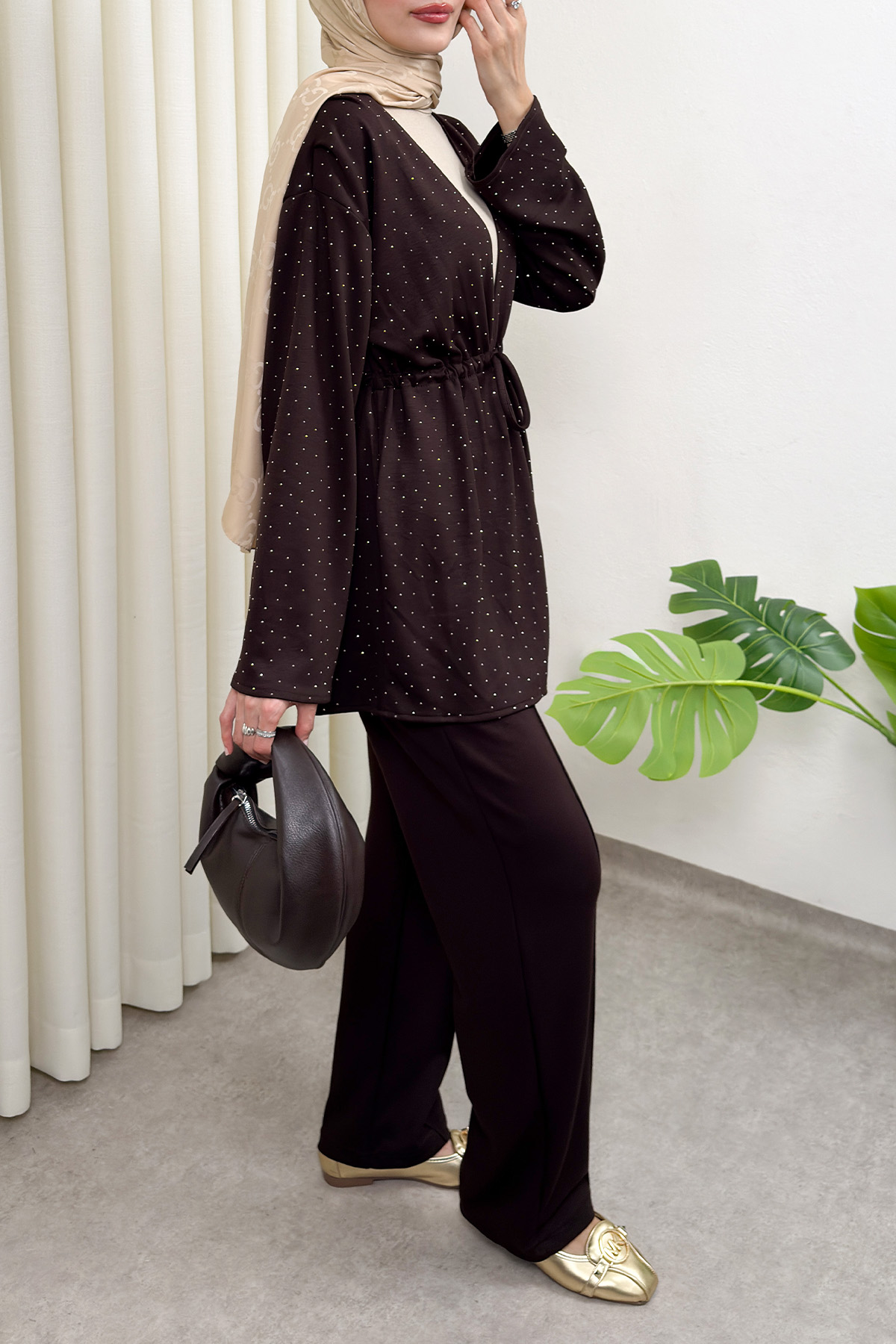 Taş Detaylı Bağcıklı Kimono Takım 51712 - KAHVERENGİ |  