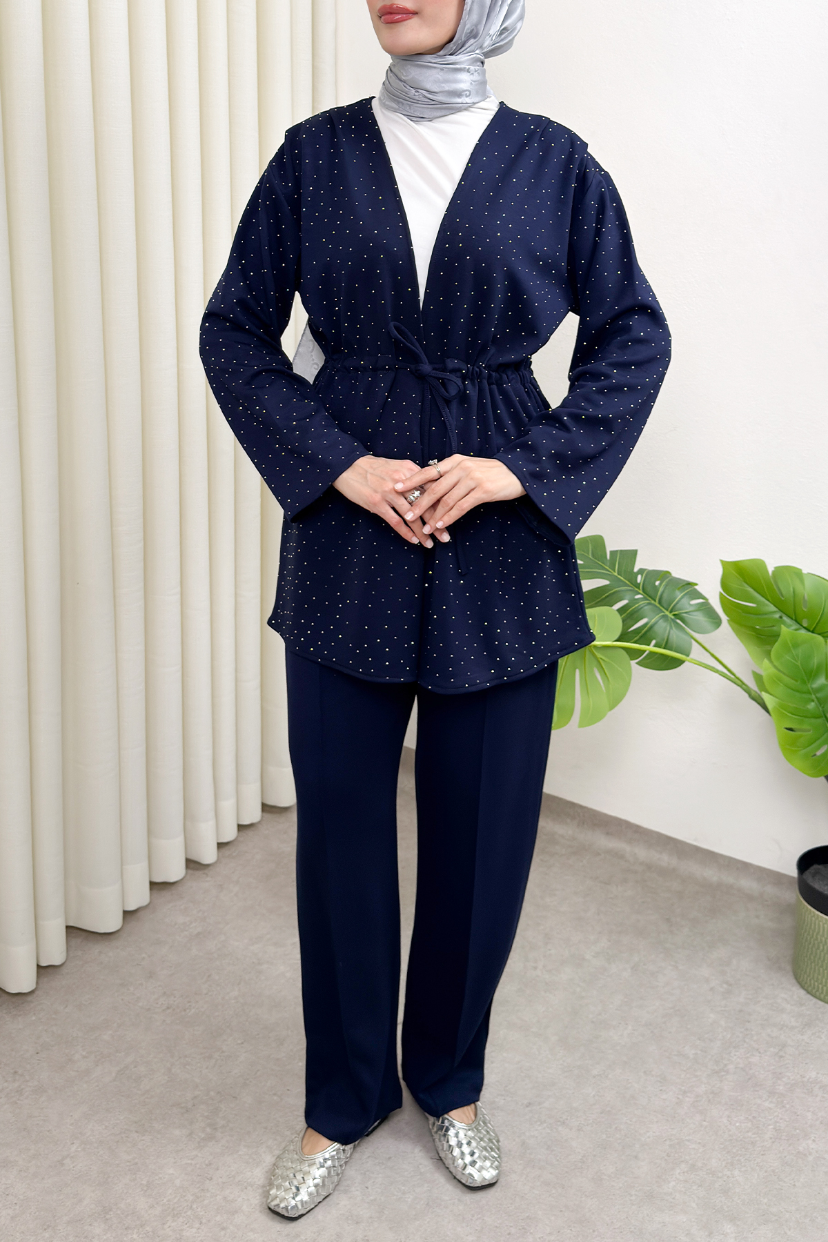 Taş Detaylı Bağcıklı Kimono Takım 51712 - LACİVERT |  