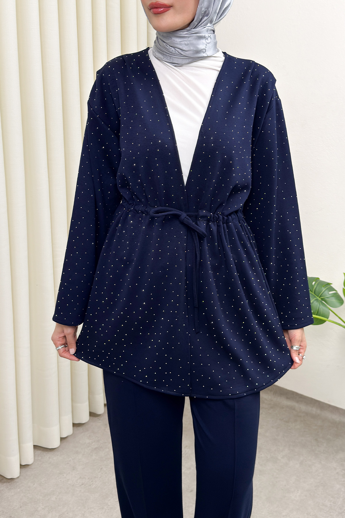 Taş Detaylı Bağcıklı Kimono Takım 51712 - LACİVERT |  