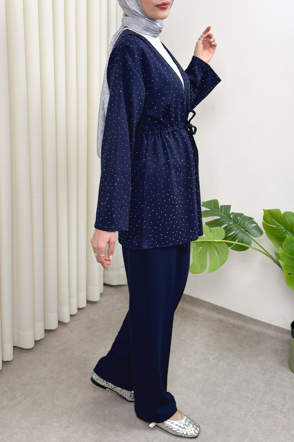 Taş Detaylı Bağcıklı Kimono Takım 51712 - LACİVERT |  