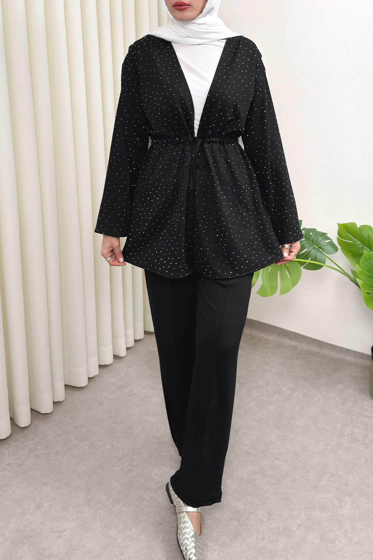 Taş Detaylı Bağcıklı Kimono Takım 51712 - SİYAH |  