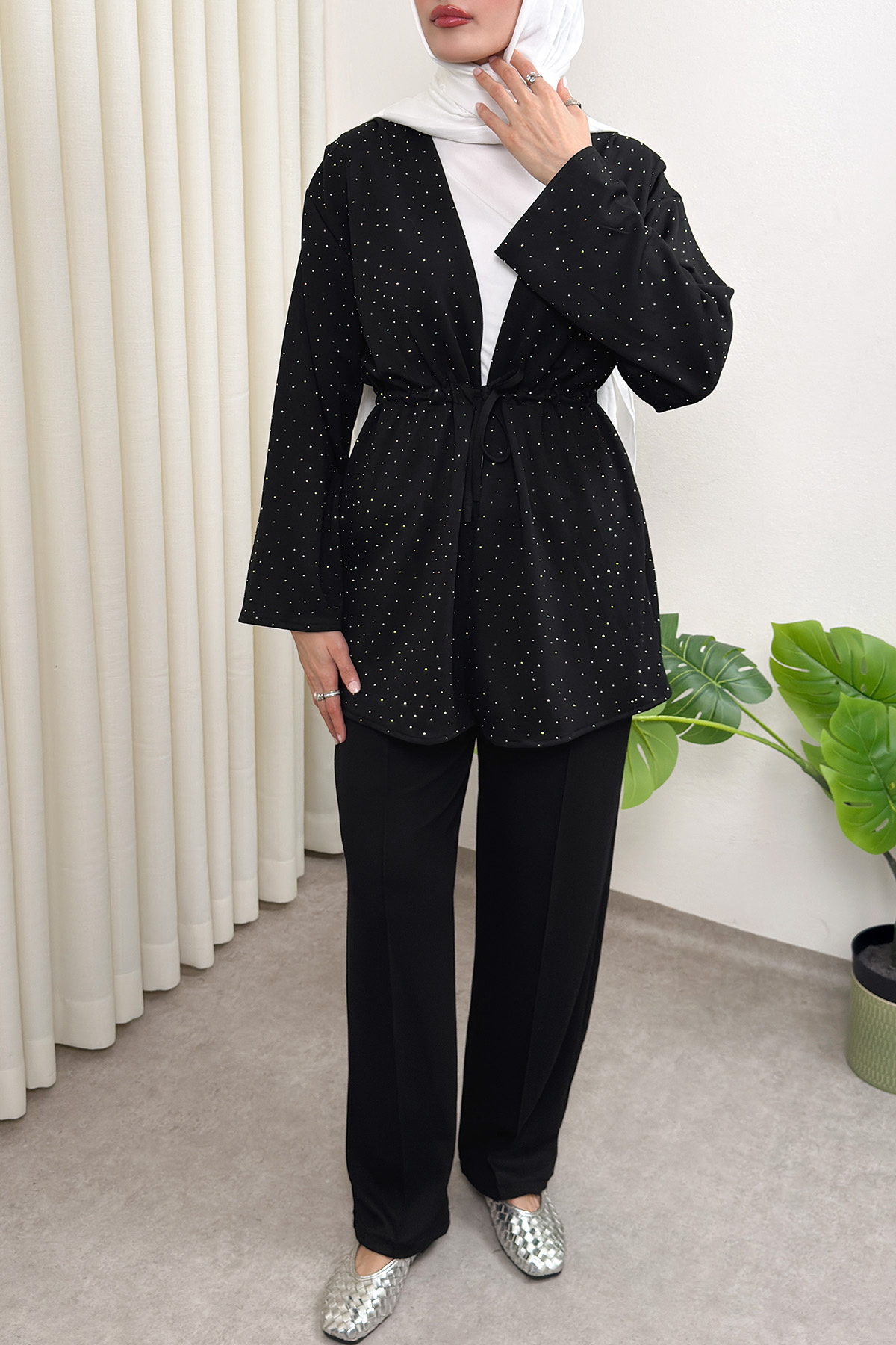 Taş Detaylı Bağcıklı Kimono Takım 51712 - SİYAH |  