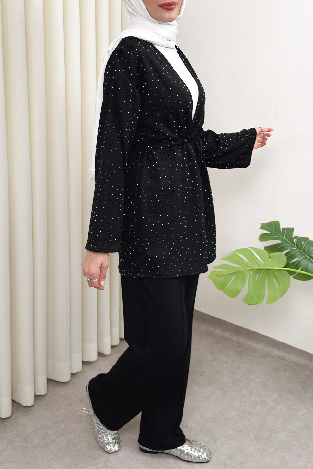 Taş Detaylı Bağcıklı Kimono Takım 51712 - SİYAH |  