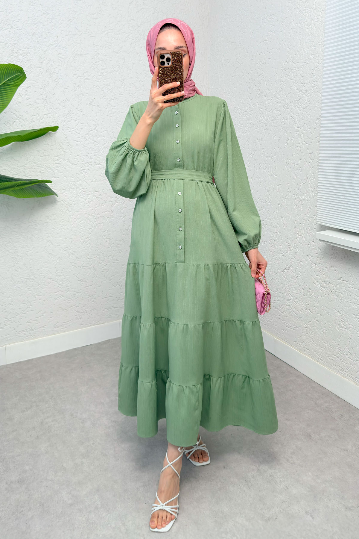 Hakim Yaka Tesettür Elbise 2268 - AÇIK YEŞİL |  