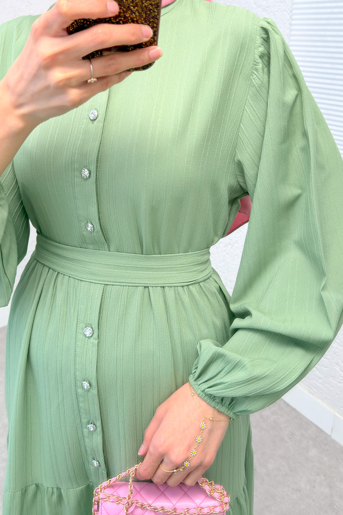 Hakim Yaka Tesettür Elbise 2268 - AÇIK YEŞİL |  