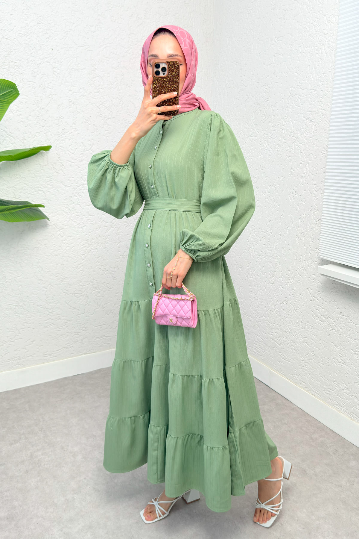 Hakim Yaka Tesettür Elbise 2268 - AÇIK YEŞİL |  