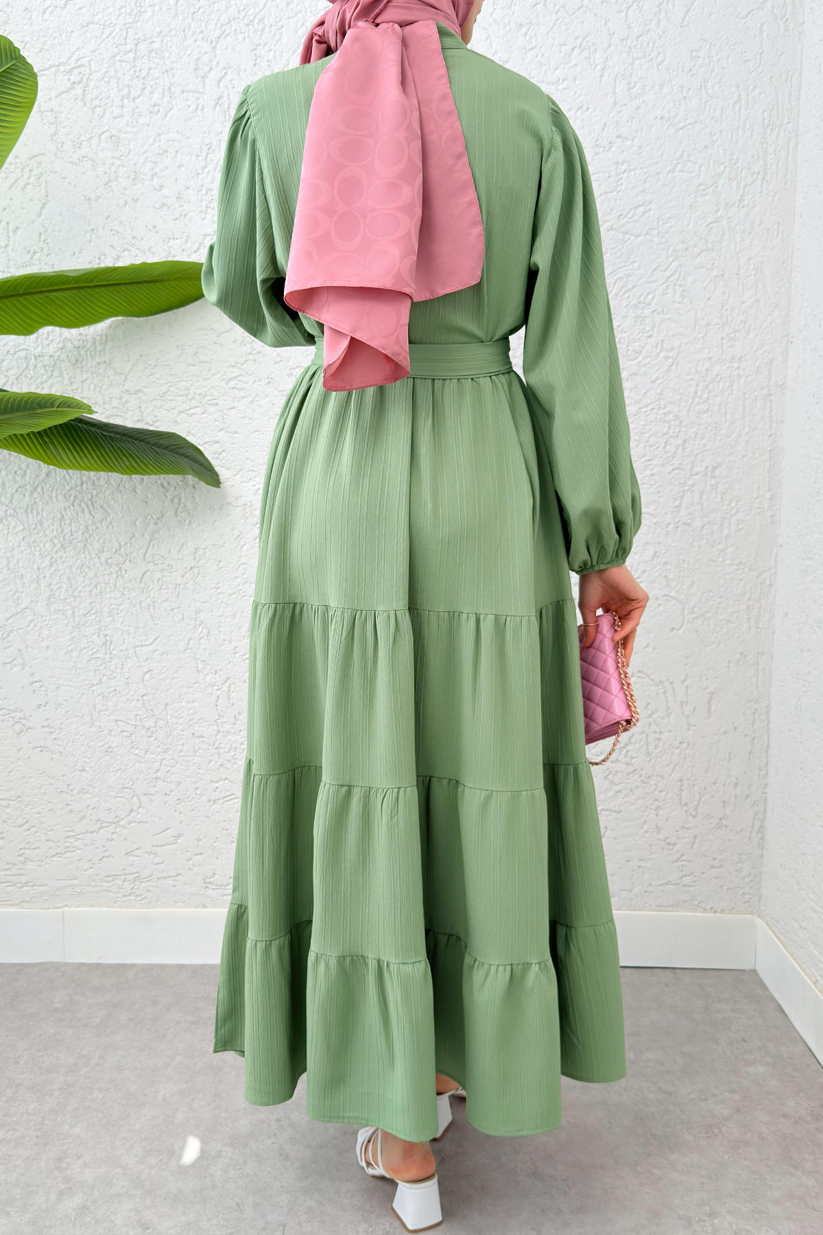 Hakim Yaka Tesettür Elbise 2268 - AÇIK YEŞİL |  