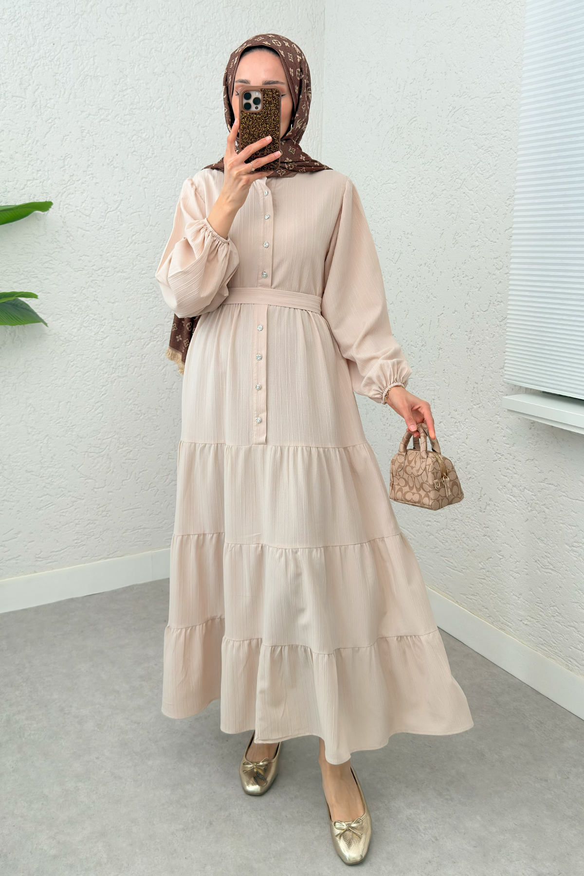 Hakim Yaka Tesettür Elbise 2268 - TAŞ RENGİ |  