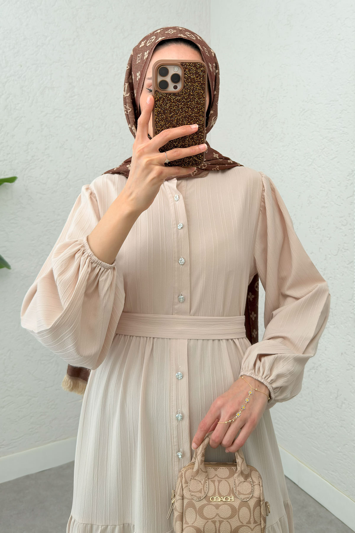 Hakim Yaka Tesettür Elbise 2268 - TAŞ RENGİ |  