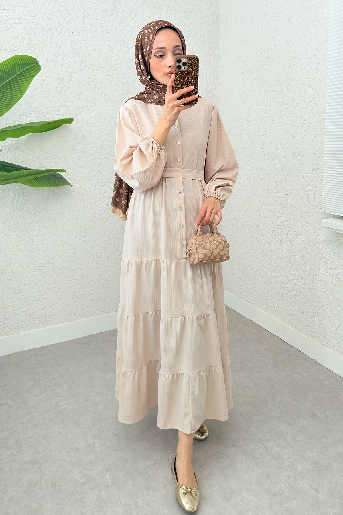 Hakim Yaka Tesettür Elbise 2268 - TAŞ RENGİ |  